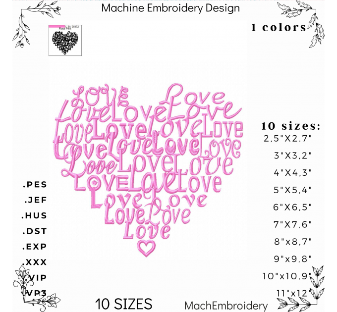 heart love machine embroidery design