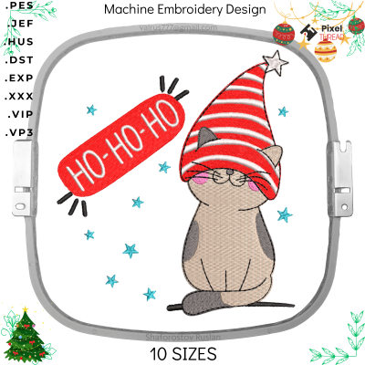 Cat Christmas HO-HO-HO. Christmas machine embroidery design,  a gift for the whole family.