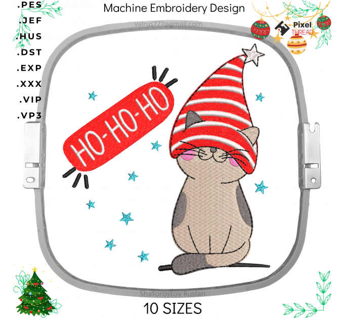 Cat Christmas HO-HO-HO. Christmas machine embroidery design,  a gift for the whole family.