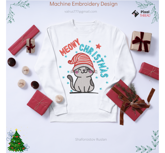 Cat Christmas Meowy Christmas machine embroidery design,  a gift for the whole family.