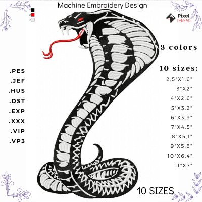 Snake machine embroidery design. Design for snake lovers, as a gift