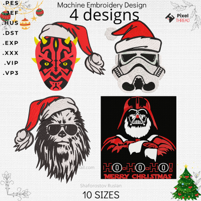 Star Wars Christmas 4 designs machine embroidery design. New Year's designs for your whole family