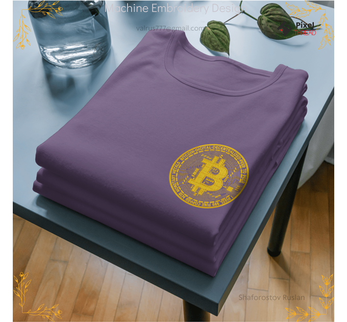 Gold Bitcoin machine embroidery design, for cryptocurrency lovers as a gift.