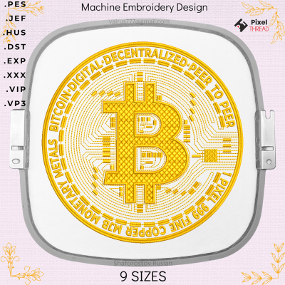 Gold Bitcoin machine embroidery design, for cryptocurrency lovers as a gift.