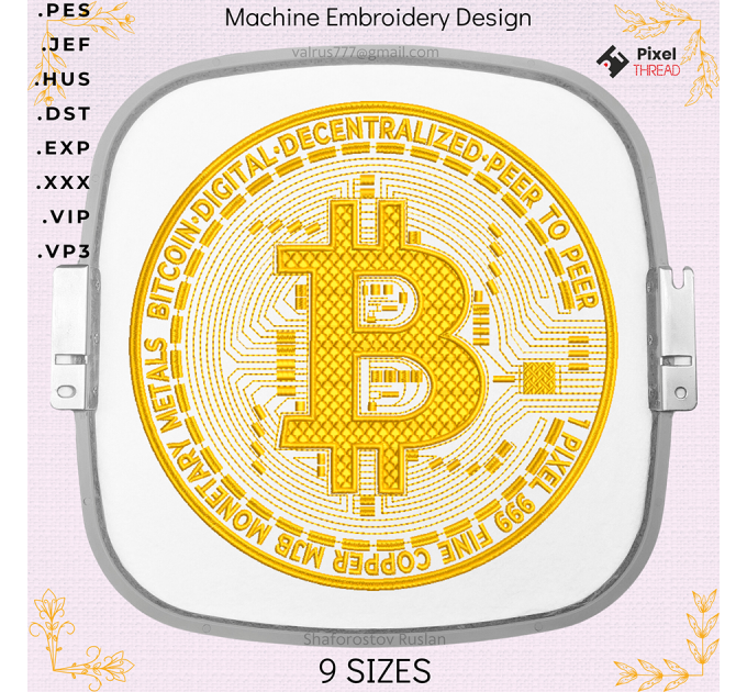 Gold Bitcoin machine embroidery design, for cryptocurrency lovers as a gift.