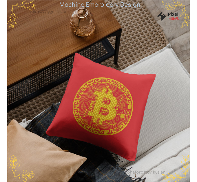 Gold Bitcoin machine embroidery design, for cryptocurrency lovers as a gift.