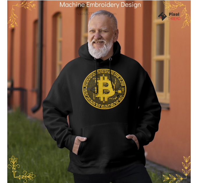 Gold Bitcoin machine embroidery design, for cryptocurrency lovers as a gift.