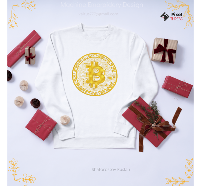 Gold Bitcoin machine embroidery design, for cryptocurrency lovers as a gift.