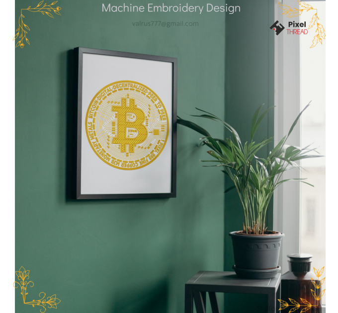 Gold Bitcoin machine embroidery design, for cryptocurrency lovers as a gift.