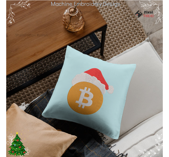 Bitcoin Christmas machine embroidery design. Сrypto lovers for a Christmas present.