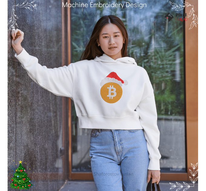 Bitcoin Christmas machine embroidery design. Сrypto lovers for a Christmas present.