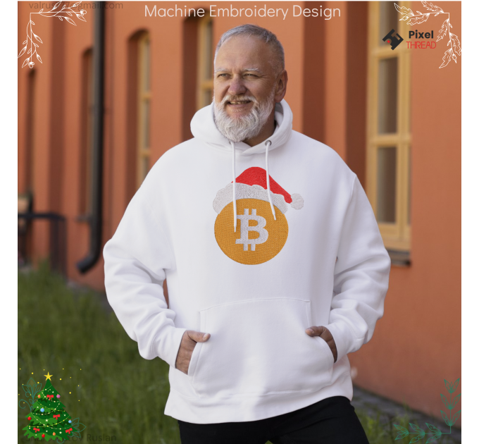 Bitcoin Christmas machine embroidery design. Сrypto lovers for a Christmas present.