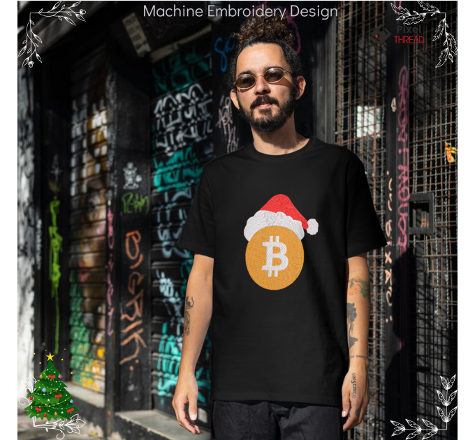 Bitcoin Christmas machine embroidery design. Сrypto lovers for a Christmas present.