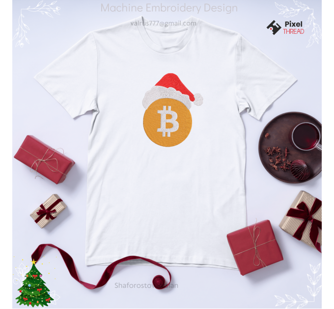 Bitcoin Christmas machine embroidery design. Сrypto lovers for a Christmas present.