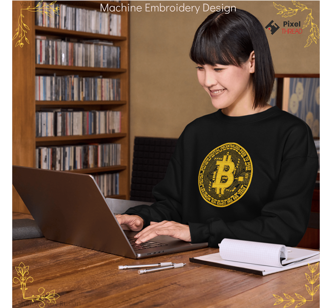 Gold Bitcoin machine embroidery design, for cryptocurrency lovers as a gift.