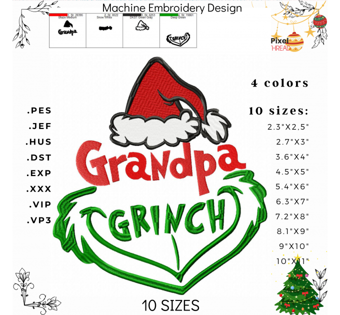 Grandpa Grinch machine embroidery design. Grandpa Grinch embroidery for a Christmas present.