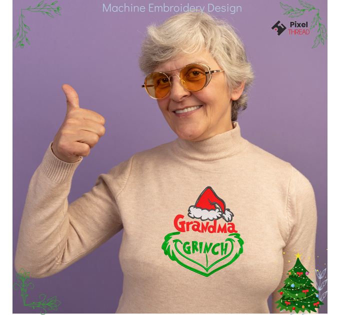 Grandma Grinch machine embroidery design. Grandma Grinch embroidery for a Christmas present.