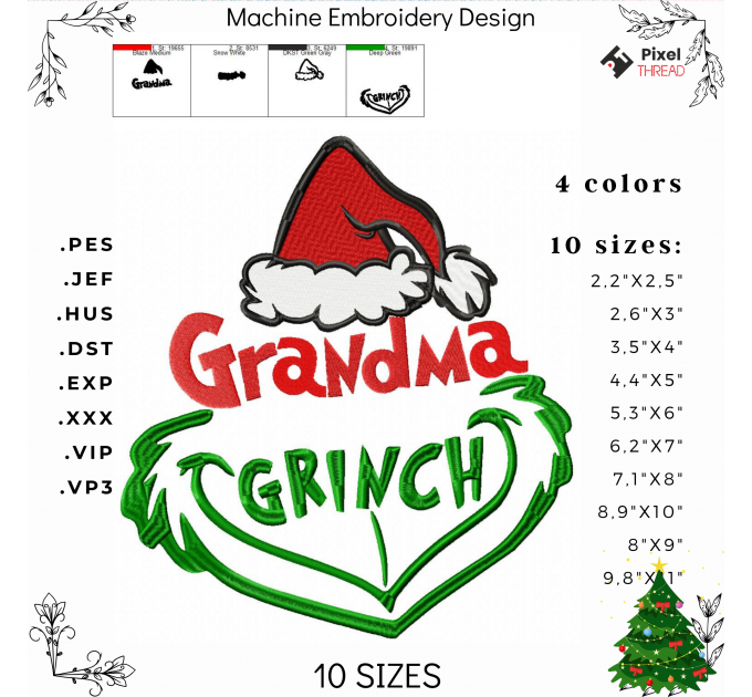 Grandma Grinch machine embroidery design. Grandma Grinch embroidery for a Christmas present.