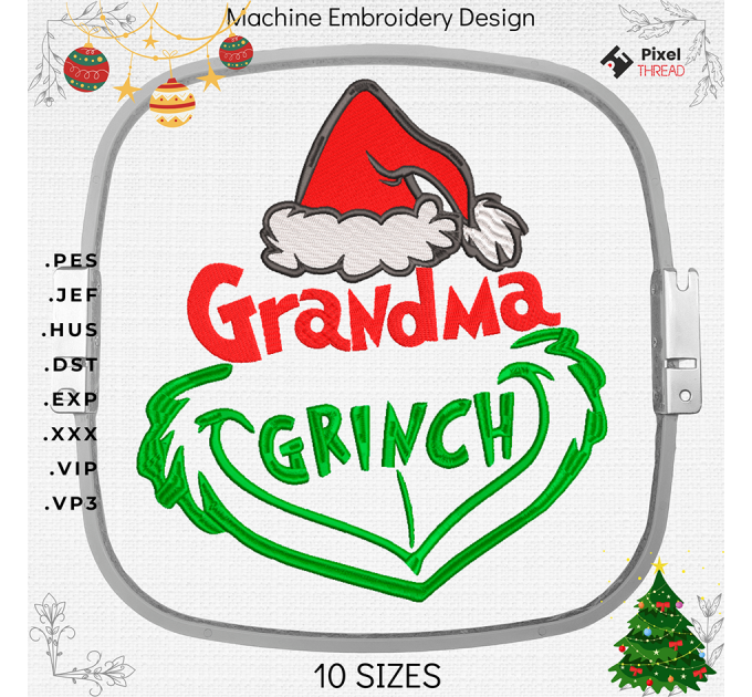 Grandma Grinch machine embroidery design. Grandma Grinch embroidery for a Christmas present.