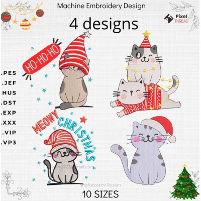 4 designs Christmas Cats machine embroidery design,  a gift for the whole family.