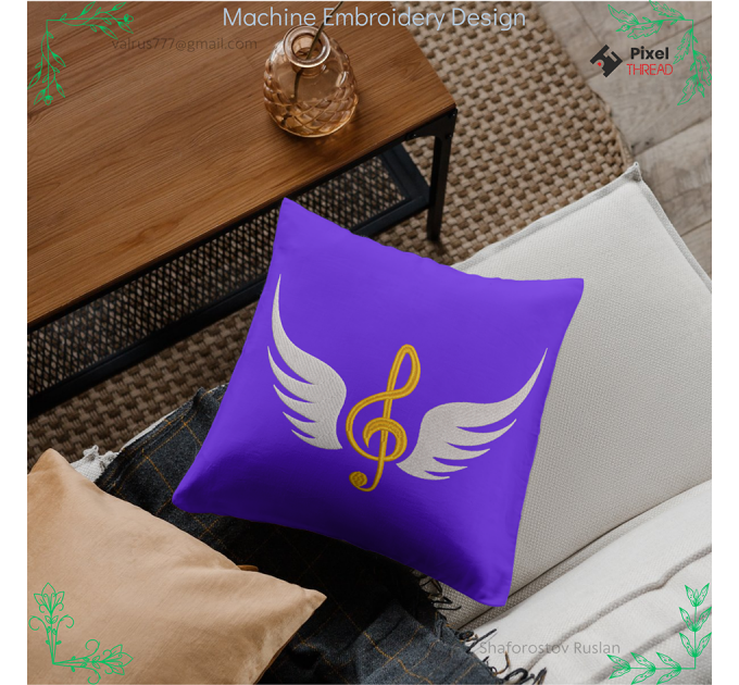 Treble clef with wings, machine embroidery design for a gift to a music lover.