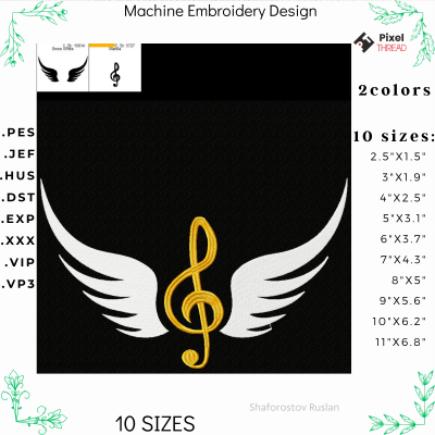 Treble clef with wings, machine embroidery design for a gift to a music lover.