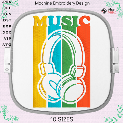 Music in headphones, machine embroidery design for a gift to a music lover.