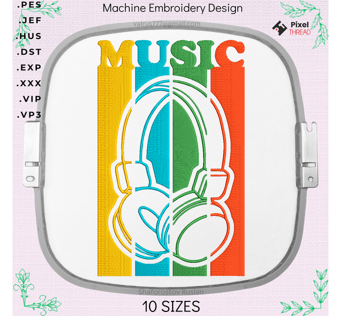 Music in headphones, machine embroidery design for a gift to a music lover.