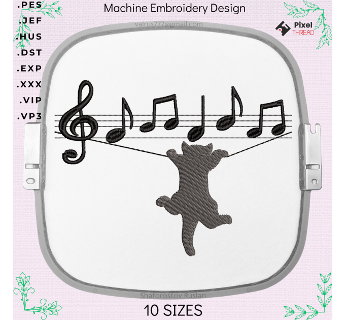 Notes with a cat, machine embroidery design for a gift to a music lover.