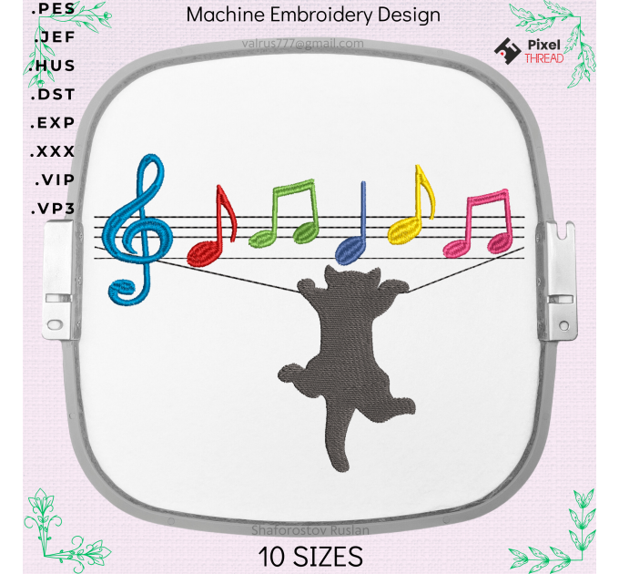 Notes with a cat color, machine embroidery design for a gift to a music lover.