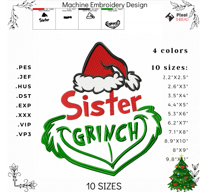 Sister Grinch machine embroidery design. Sister Grinch embroidery for a Christmas present.