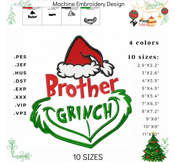 Brother Grinch machine embroidery design. Brother Grinch embroidery for a Christmas present.